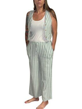 Sz.M/Sz.L*Hippie Rose*2 Pc. Green/White Striped Seersucker--Vest & Pants